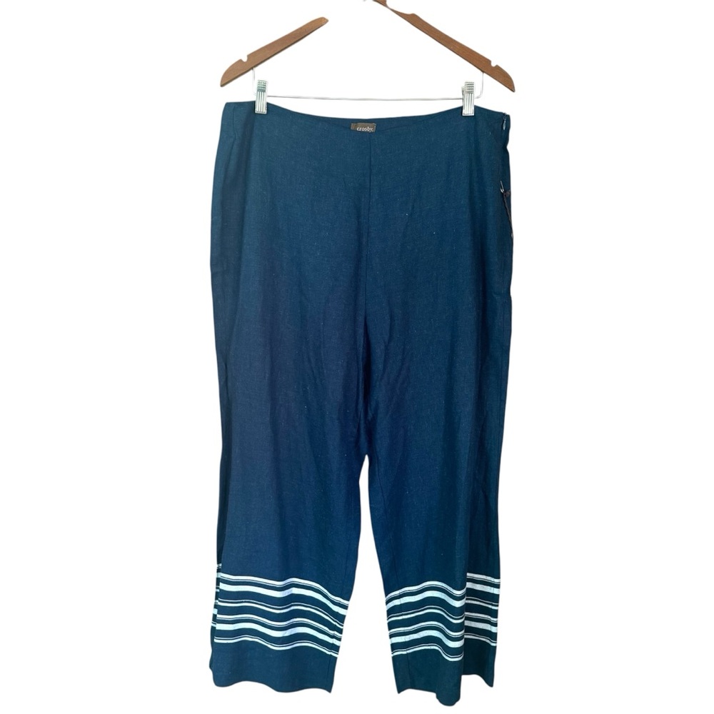 Crosby High Rise Wide Leg Cropped Linen Blend Pants Blue Size Large